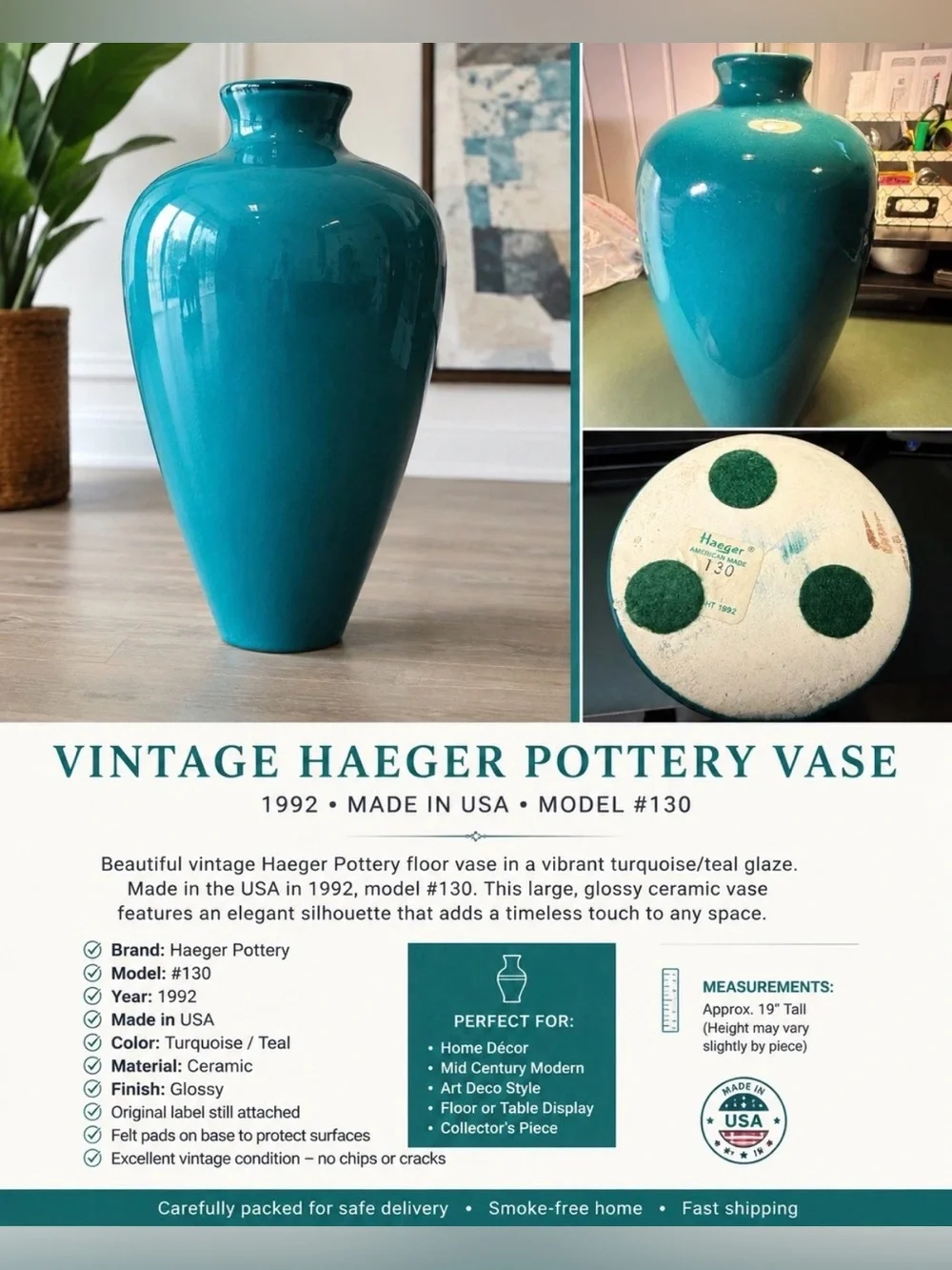 Haeger Teal Ceramic Floor Vase – Glossy Turquoise/Teal